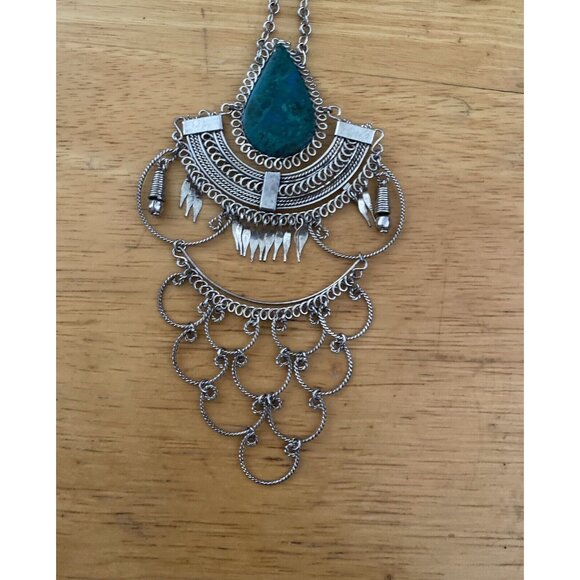 Vtg Handmade Chrysocolla Dangling Pendant Necklace BOHO Peruvian Folk Art Silver - Picture 7 of 7